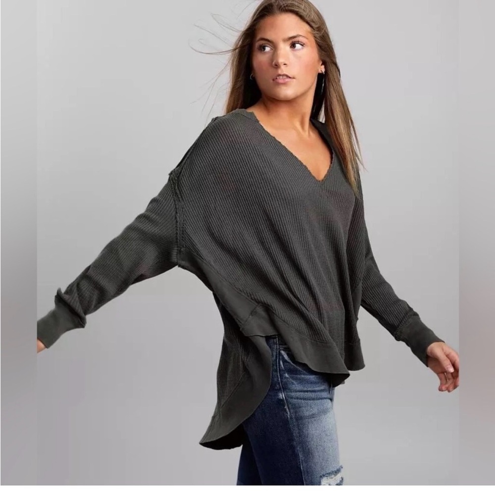 Free People We The Free Owen Washed Thermal Oversized Grey Distressed Small